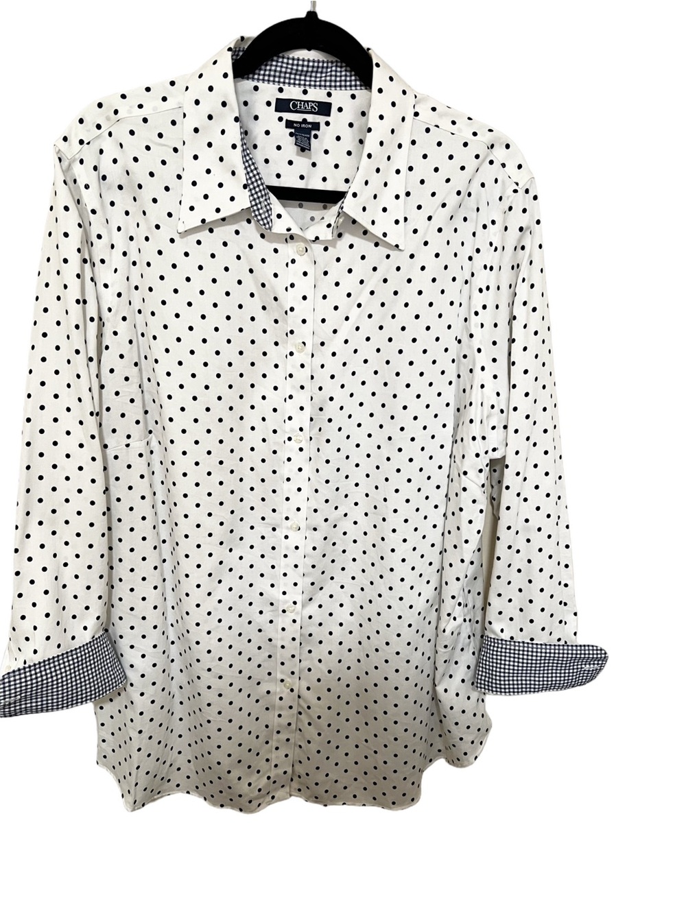 Chaps 2X No Iron Button Up Polka Dot Gingham Shirt Preppy Office Career Cotton